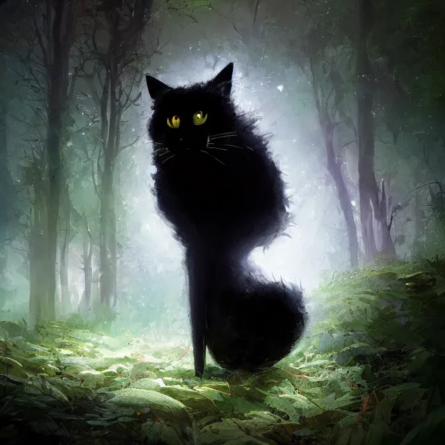 Image similar to a beautiful painting of a single cute black cat in a forest. pixar character design by cory loftis, fenghua zhong, ryohei hase, ismail inceoglu and ruan jia. artstation, volumetric light, detailed, photorealistic, rendered in octane