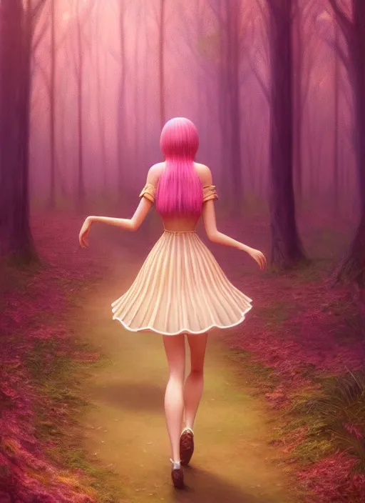 Prompt: young woman walking in short pink skirt : : magic forest mushrooms nature : : weta disney pixar movie still photo : : decadent highly - detailed digital painting, full length shot, golden ratio, octane render, artstation, smooth, sharp focus, artgerm, mucha, loish, wlop, gogo