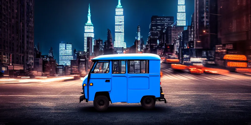 Image similar to an open frame blue tuk tuk going through a desolate manhattan city street at night, statue of liberty seen in the background, realistic 4 k octane beautifully detailed render, 4 k post - processing, highly detailed, detailed face, intricate complexity, epic composition, magical atmosphere, cinematic lighting, masterpiece, color picture, ultra hd