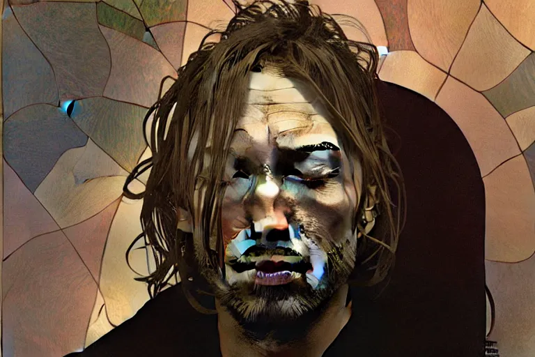 Image similar to hyper realistic portrait of thom yorke singer songwriter, side, liminal space, by lee bermejo, alphonse mucha and greg rutkowski