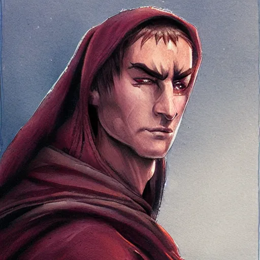 Image similar to Character portrait, face close up: Elf Male Monk/Ranger. Hooded, shadow and gloom. In the style of Ralph Horsley