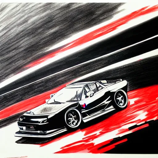 Image similar to pen ink drawing black red 1999 FD RX-7 front side view dynamic racing motion blur Shuichi Shigeno and Michiharu Kusunoki flat drawing two tone color black background dark simple shading