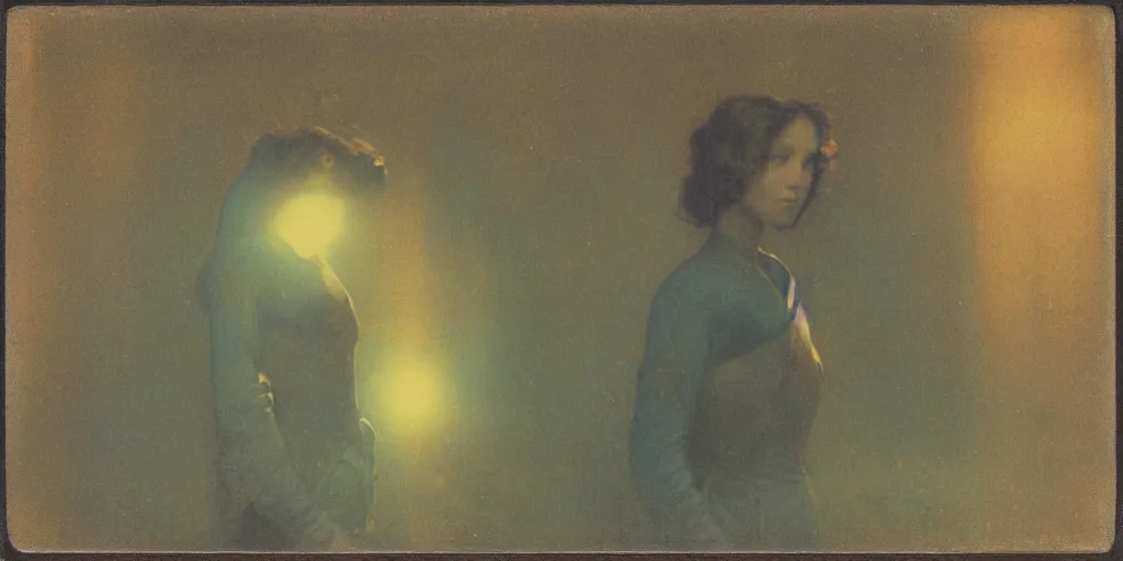 Prompt: vintage polaroid analog photo of a beautiful woman with a robot body, warm azure tones, heavy lensflare, color bleed, film grain, depth of field, jules bastien - lepage, rudolph belarski, johfra bosschart, alexandre cabanel