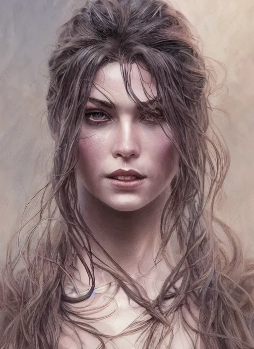 Prompt: close up portrait of a ruggedly handsome female witch, soft hair, muscular, half body, leather, hairy, d & d, fantasy, intricate, elegant, highly detailed, digital painting, artstation, concept art, smooth, sharp focus, illustration, art by artgerm and greg rutkowski and alphonse mucha