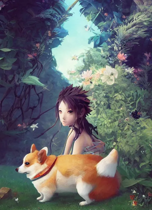 Image similar to beautiful fantasy anime painting of summer chill day with corgi, by Kenne Gregoire, James Jean, Tran Nguyen, WLOP, Jakub Rebelka. trending on Artstation, 8k, masterpiece, chill summer, graffiti paint, fine detail, full of color, intricate detail, golden ratio illustration