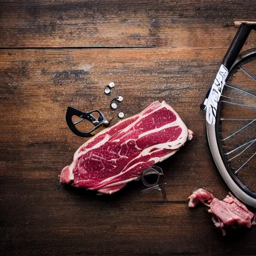 Prompt: bicycle made of beef ribs, glistening flesh, dripping meat, pulsating mechanically, metal bike chain, oily, professional food photography, ultra realistic, masterchef,