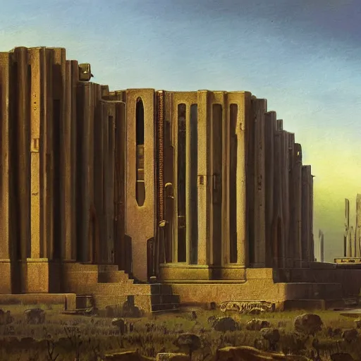 Prompt: painting of a scifi ancient civilzation victorian, brutalist architecture