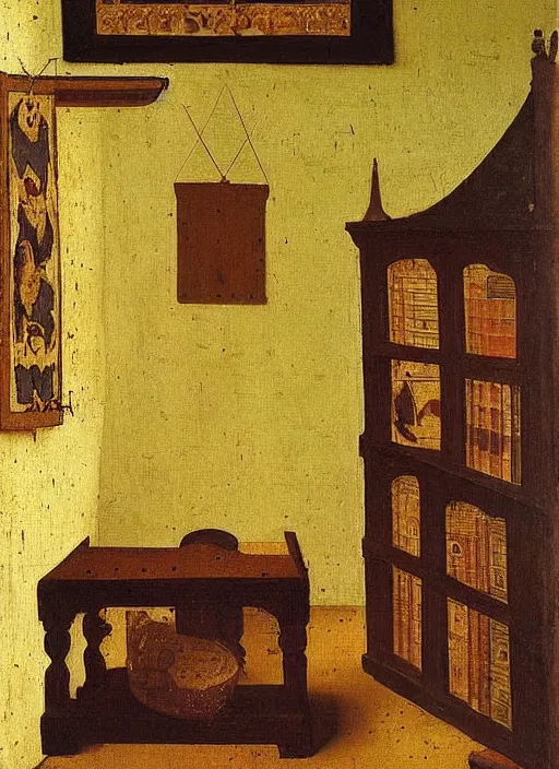 Prompt: bookshelf with children toys, medieval painting by jan van eyck, johannes vermeer, florence