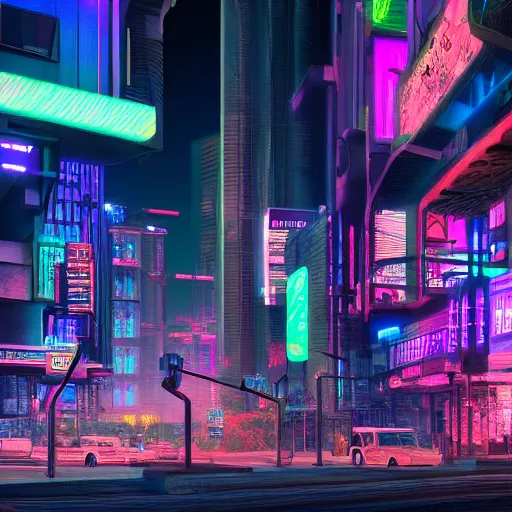 Prompt: cyberpunk photo of downtown Mesa Arizona, 2077, photorealistic, highly detailed, colorful, neon, night time, 4k