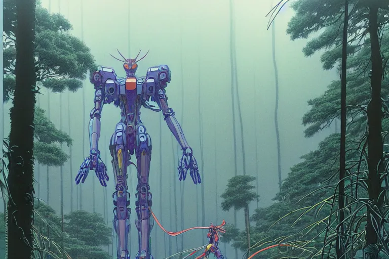 Prompt: lots of glass details, a lot of exotic vegetation, trees, flowers, dull colors, gigantic massive evangelion - like mech staying in the foggy huge forest covered with web and cotton, by moebius, hyperrealism, intricate detailed, risograph