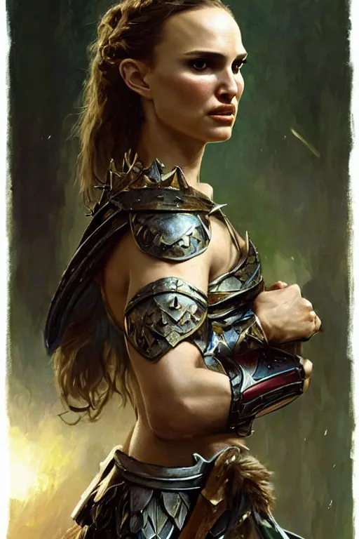 Image similar to natalie portman, legendary warrior, heroic, lord of the rings, tattoos, decorative ornaments, battle armor, by carl spitzweg, ismail inceoglu, vdragan bibin, hans thoma, greg rutkowski, alexandros pyromallis, perfect face, fine details, realistic shading photorealism