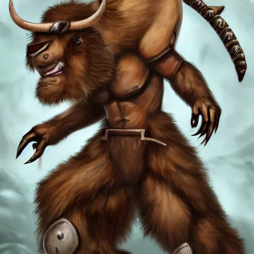 Prompt: cute drawing, female Minotaur warrior, brown fur with white spots, family friendly, armored, concept art