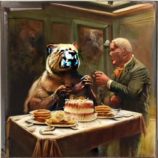 Image similar to polaroid photo of a bear eating cake at his 7 0's birthday at a zoo, highly detailed painting by gaston bussiere, craig mullins, j. c. leyendecker