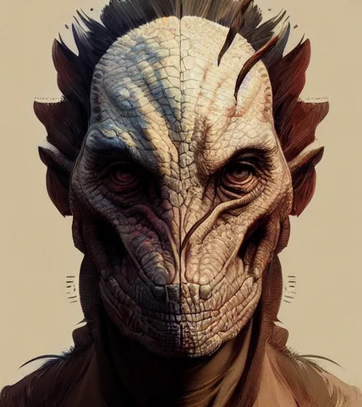 Prompt: portrait of a man, left side of face normal, right side skin injured torn revealing dinosaur skin, highly detailed, digital painting, artstation, concept art, smooth, sharp focus, illustration, art by wlop, mucha, artgerm, and greg rutkowski