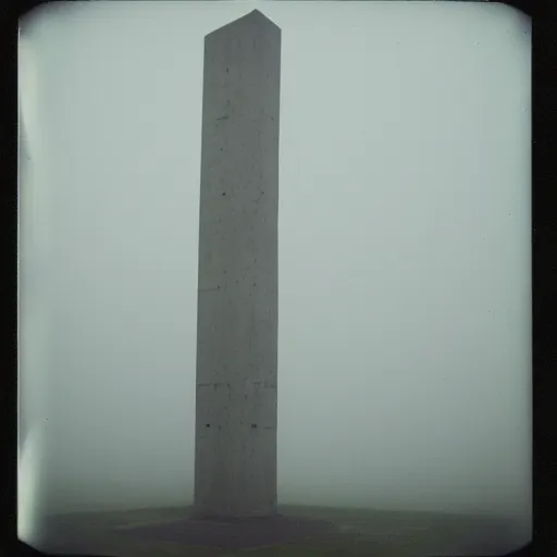 Image similar to very tall concrete sculpture reaching into the fog, expired film, old polaroid, night, megalophobia,