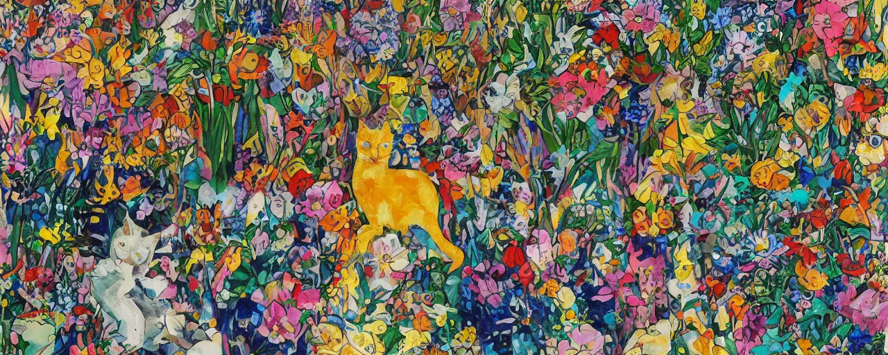 Image similar to cat playing in a garden of flowers, a mix media painting by laurel burch and Leonardo da Vinci and Natalia Goncharova, cluttered , child's drawing, art by Studio Ghibli, anime, thick black lineart