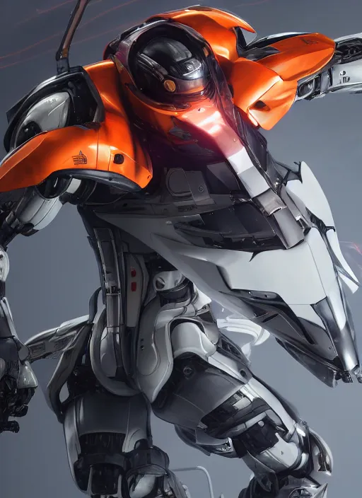 Image similar to a Photorealistic dramatic hyperrealistic full frame render of a Sleek futuristic exosuit Freedom Formula Racing Mech,Ultra realistic details,glossy white metal,Orange racing stripes,weathered surfaces,by Hidetaka Tenjin,Yoh Yoshinori,Yoji Shinkawa,Masamune Shirow,Beautiful dramatic dark moody tones and lighting,cinematic atmosphere,studio lighting,shadows,dark background, Octane render,8K