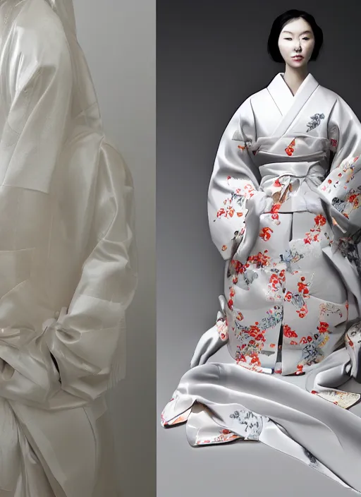 Image similar to a digital portrait of a japanese girl detailed features wearing a kimono latex suit wedding dress - synthetic materials, by balenciaga and issey miyake by ichiro tanida and mitsuo katsui