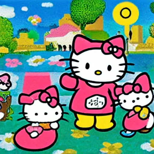 Prompt: painting of hello kitty and hello kitty friends and sanrio characters and playing outside on a sunny day, adventures of hello kitty and friends, by yoko shimizu, by sanrio