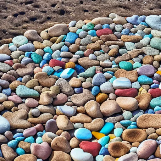 Prompt: pebble beach in a sunny day, pebbles are shaped like hearts, award winning photography, 4K