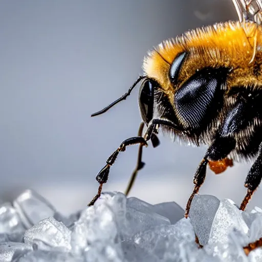 Prompt: a bee finding the last flower made of ice in antarctica, only snow i the background, beautiful macro photography, ambient light