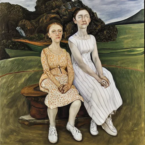 Image similar to a portrait of two beautiful sisters in a scenic environment by lucian freud