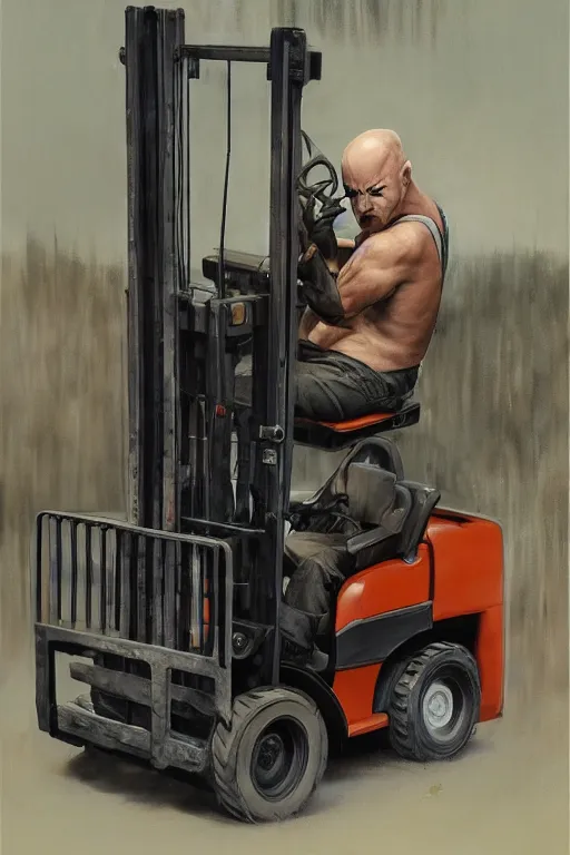 Image similar to a bald man driving a fork lift truck by Frank Frazetta, Ivan Aivakovsky, Boris Vallejo, epic character art, full length, Exquisite detail, post-processing, masterpiece, cinematic, 8k, ultra realistic, hyper detailed