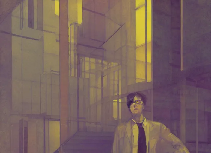 Image similar to portrait of man outside office building, cynical realism, saturated, dramatic lighting, painterly, yoshitaka amano, miles johnston, moebius, beautiful lighting, miles johnston, klimt, tendrils, in the style of, louise zhang, victor charreton, james jean, two figures