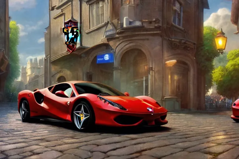 Prompt: a wholesome animation key shot of one focused ferrari, dynamic, on an ancient london street, wide shot, studio ghibli, pixar and disney animation, sharp, very detailed, high resolution, rendered in unreal engine 5, anime key art by greg rutkowski, overcast lighting, dark