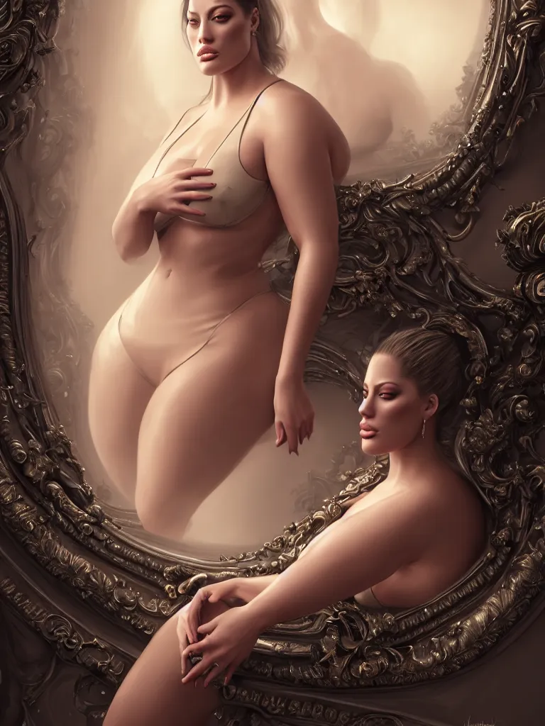 Image similar to beautiful photorealistic ashley graham in skims, perfect anatomy, sensual pose, chrome futuristic detail misty foggy mike jordana, konstantin porubov, valeriy vegera, hypermaximalist, elegant, ornate, rococo, baroque ornament detail, elite, creepy, radiant, matte painting, cinematic, cinematic lighting, corel painter, cgsociety, atmospheric