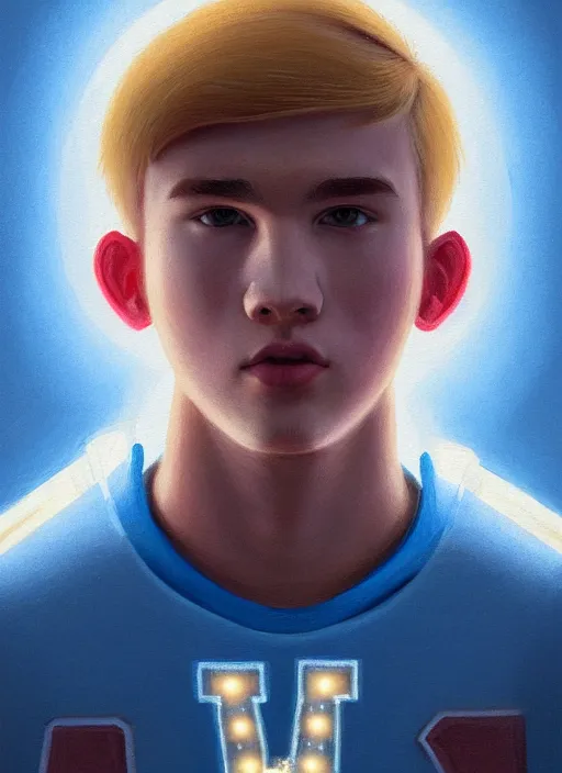 Image similar to portrait of high school senior boy named big moose, blonde short hair, jock, beefy, wide face, square jaw, square facial structure, blue varsity jacket with letter r, intricate, elegant, glowing lights, highly detailed, digital painting, artstation, concept art, sharp focus, illustration, art by wlop, mars ravelo and greg rutkowski