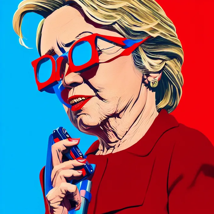 Prompt: portrait of hillary clinton as a cool action hero with sun glasses and a red white and blue tactical nuclear cell phone. intricate abstract. intricate artwork. by tooth wu, wlop, beeple, dan mumford. octane render, trending on artstation, greg rutkowski very coherent symmetrical artwork. cinematic, hyper realism, high detail, octane render, 8 k, iridescent accents