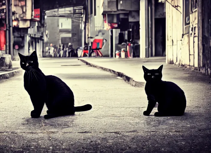 Image similar to photography of a Cat sitting on a box. in a cyberpunk street, award winning photo, 100mm, sharp, high res