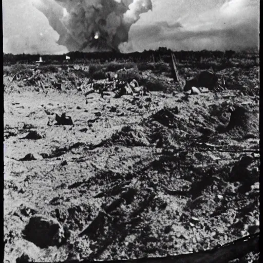 Image similar to a photo taken from inside of a trench showing a nuclear explosion in the distance, you can see the explosion's shockwave in the clouds, realistic, taken on a ww 2 camera.