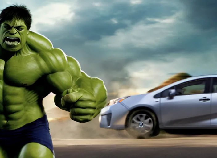 Image similar to film still of hulk driving a prius in the new avengers movie, 4 k