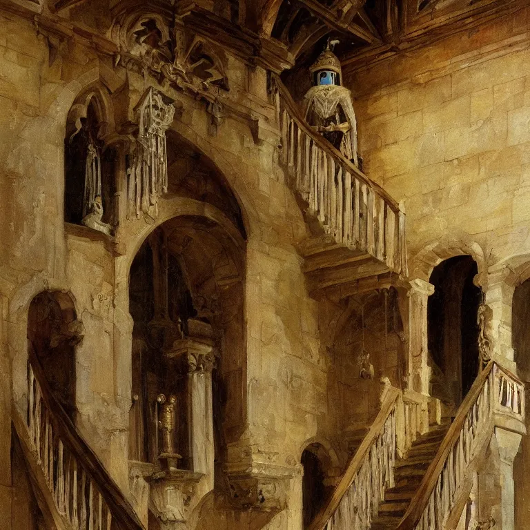 Prompt: a detailed painting of a medieval hall with statue and big staircase. fantasy poster. lord of the rings style. cinematic fantasy scene. fantasy. carl spitzweg. renaissance elements. renaissance element. oil painting. award winning. trending on artstation. 8 k