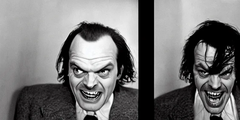 Image similar to photorealistic wide profile master shot cinematography of the character jack torrance played by jack nicholson from stanley kubrick's 1 9 8 0 film the shining sitting at the overlook hotel's gold ballroom bar laughing right at the camera shot on 3 5 mm eastman 5 2 4 7 film by the shining cinematographer john alcott on a 1 8 mm cooke panchro lens.