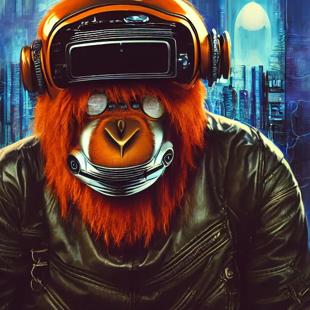 Prompt: a portrait of an anthropomorphic cyberpunk orangutan in a motorcycle helmet, detailed render, tape deck, boombox, headphones, epic composition, cybernetics, 4 k realistic, cryengine, realistic shaded lighting, sharp focus, masterpiece, by matteo scalera, gary montalbano, peter elson in the style of the tokyo ghost comic