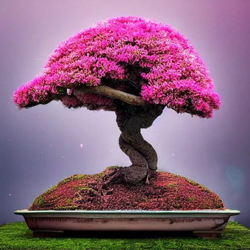 Image similar to A picture of a planet of various flowers, fungus and plants, Bonsai , in which the human figure is dressed in something magical and impressive, inside the picture is infinity, muted light, BotanicalAtmospheric phenomenon, artistic photography, muted colors, conceptual, Kodachrome