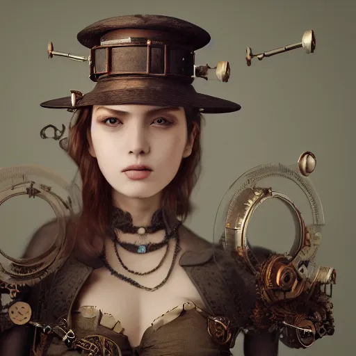 Image similar to a body portrait of a beautiful steampunk woman by zhang jingna, long hair, aged 2 5, swedish, wearing a travel hat, photo realistic, real life, photograph, 3 5 mm, octane render, trending on artstation