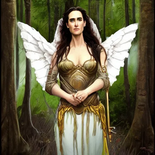 Image similar to A beautiful detailed painting of jennifer connelly as a female angel warrior in a magical forest by john sargent and Kalin Popov , Trending on artstation HD.