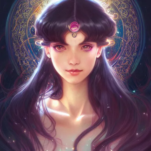 Image similar to a beautiful girl with long dark hair and bangs, sailor moon aesthetic, fantasy, intricate, elegant, highly detailed, digital painting, artstation, concept art, matte, sharp focus, illustration, art by Artgerm and Greg Rutkowski and Alphonse Mucha