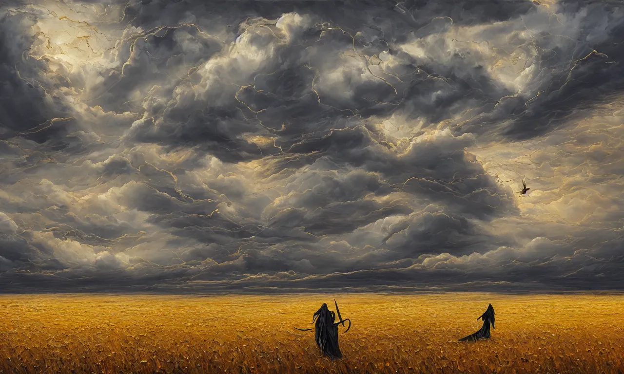 Prompt: breathtaking oil painting with palette knife of a plains landscape in luxurious nature, with intricate art nouveau moody dark tumultuous clouds, at dawn with golden petals flying, grim reaper silhouette with scythe, concept art, matte, by krista schumacher and georgia hart,