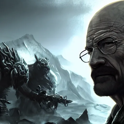 Image similar to Walter White in Skyrim, League of Legends amazing splashscreen artwork, (Gears of War), splash art,natural light, elegant, photorealistic facial features, intricate, fantasy, detailed face, atmospheric lighting, anamorphic lens flare, cinematic lighting, league of legends splash art, hd wallpaper, ultra high details by Greg rutkowski