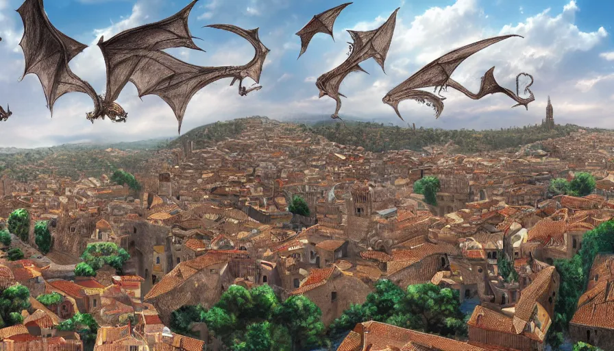 Image similar to the monumental city of caceres with dragons flying over it, digital art, trending on artstation