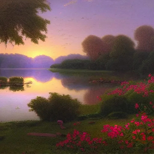 Image similar to a painting of a duck pond at sunset, surrounded by flower bushes, a detailed matte painting by Robert S. Duncanson, deviantart, hudson river school, terragen, pink clouds, trending on artstation