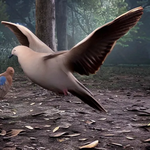 Image similar to a huge dove eating a small human, horror story, nightmare, high detail, realistic, unreal 5, award-winning.