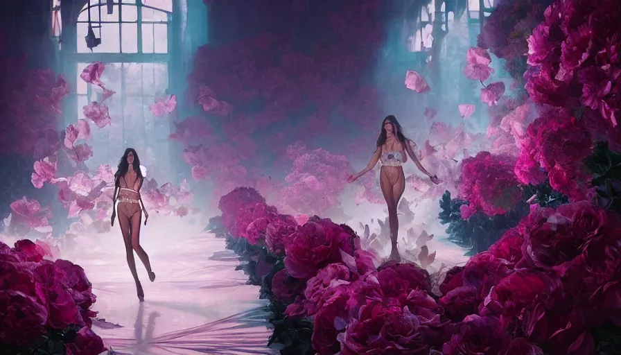 Prompt: victoria secret runway show, light, shadows, reflections, flowers, epic composition, intricate, elegant, volumetric lighting, digital painting, highly detailed, artstation, sharp focus, illustration, concept art, ruan jia, steve mccurry, wlop, artgerm, mina petrovic, timothy kong, marina federovna