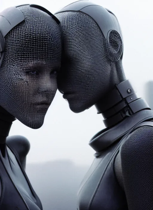 Image similar to cinestill 5 0 d photographic portrait of two loving female androids wearing rugged black mesh techwear in a desolate los angeles, extreme closeup, modern cyberpunk, dust storm, 8 k, hd, high resolution, 3 5 mm, f / 3 2, ultra realistic faces, ex machina