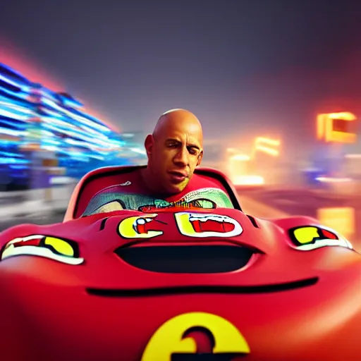 Image similar to vin diesel riding on top on a roof of lightning mcqueen, cinematic, bokeh, blur, action